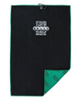 A black golf towel with a green border, featuring a white printed slogan on the front and a green patterned reverse side, shown on a plain white background.
