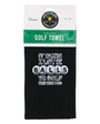 A black waffle-weave golf towel with white printed text reading 'IT TAKES A LOT OF BALLS TO GOLF THE WAY I DO,' hanging from a white and green retail header card. The header card shows the Mulligan Hooligan brand logo and size information.