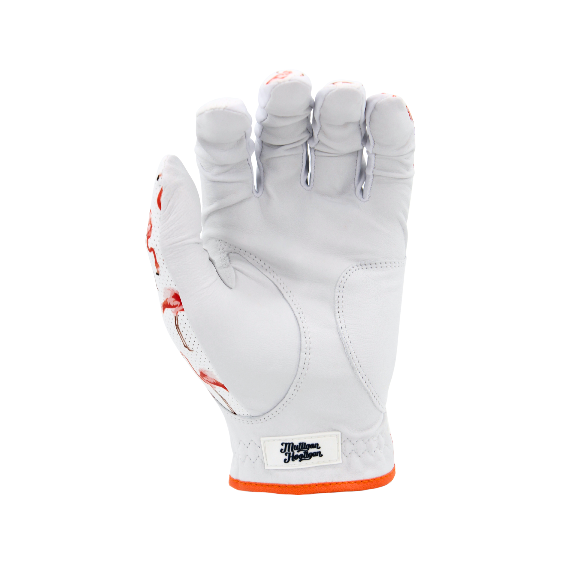 'Flamingo' golf glove design with branded rubber accent on the palm on a white background