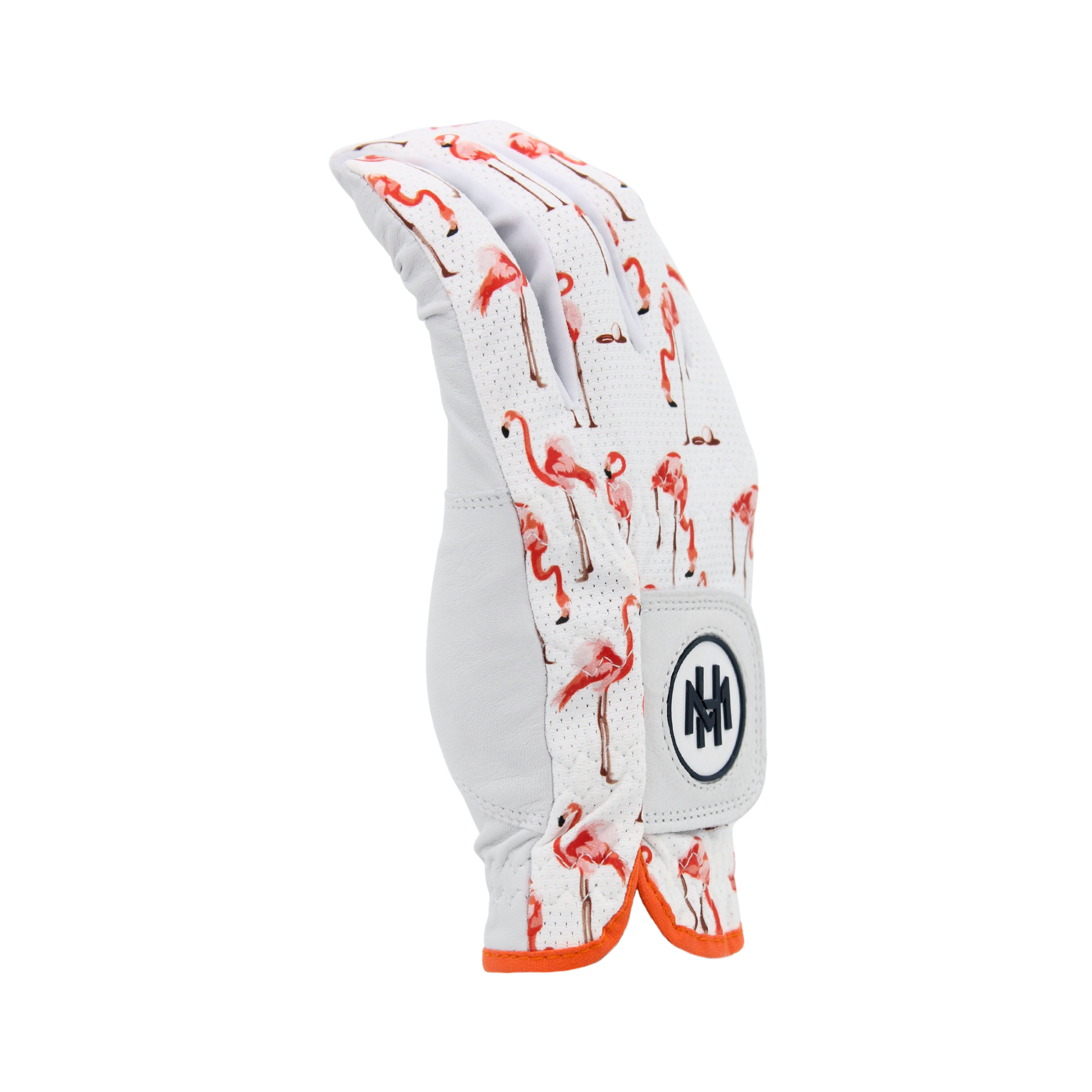 Mulligan Hooligan 'Flamingo Putt' glove with putting flamingos and small golf balls getting in the hole pattern on a white background