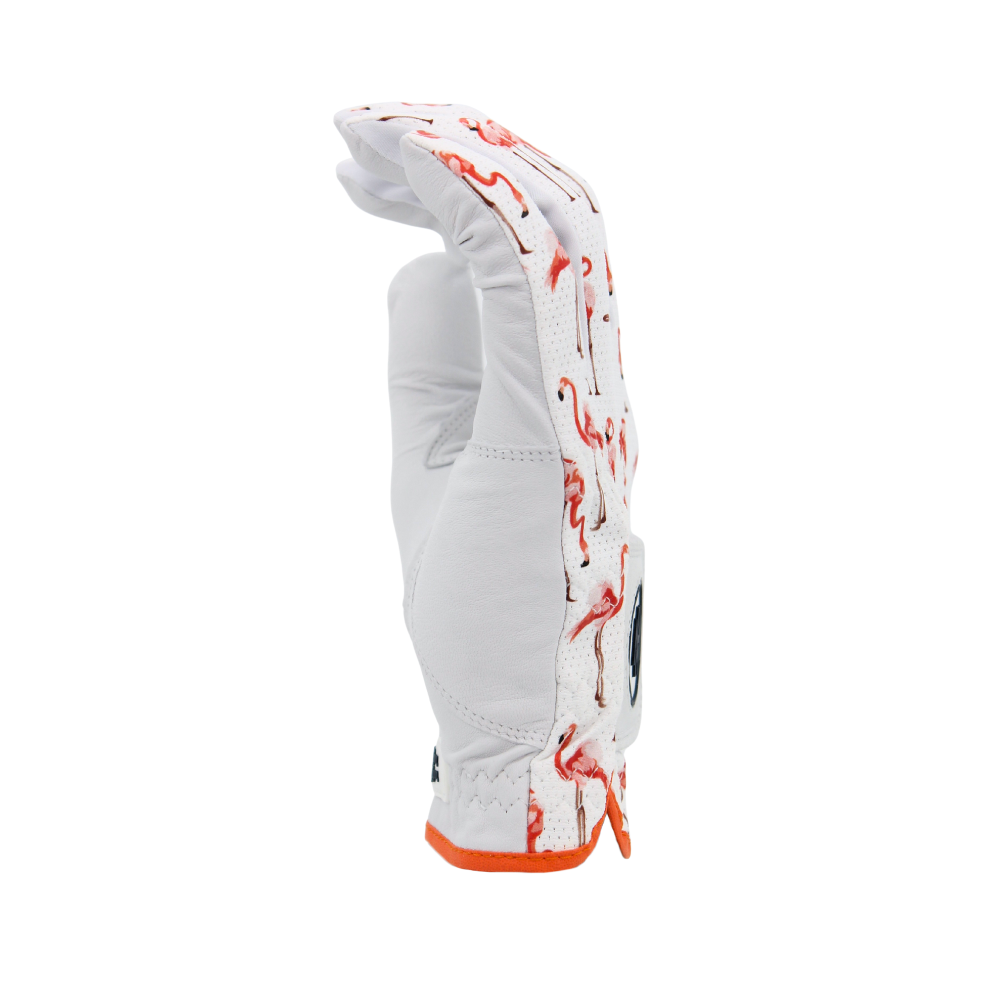 Flamingo Putt white glove with orange/ pink putting flamingos pattern on a white background