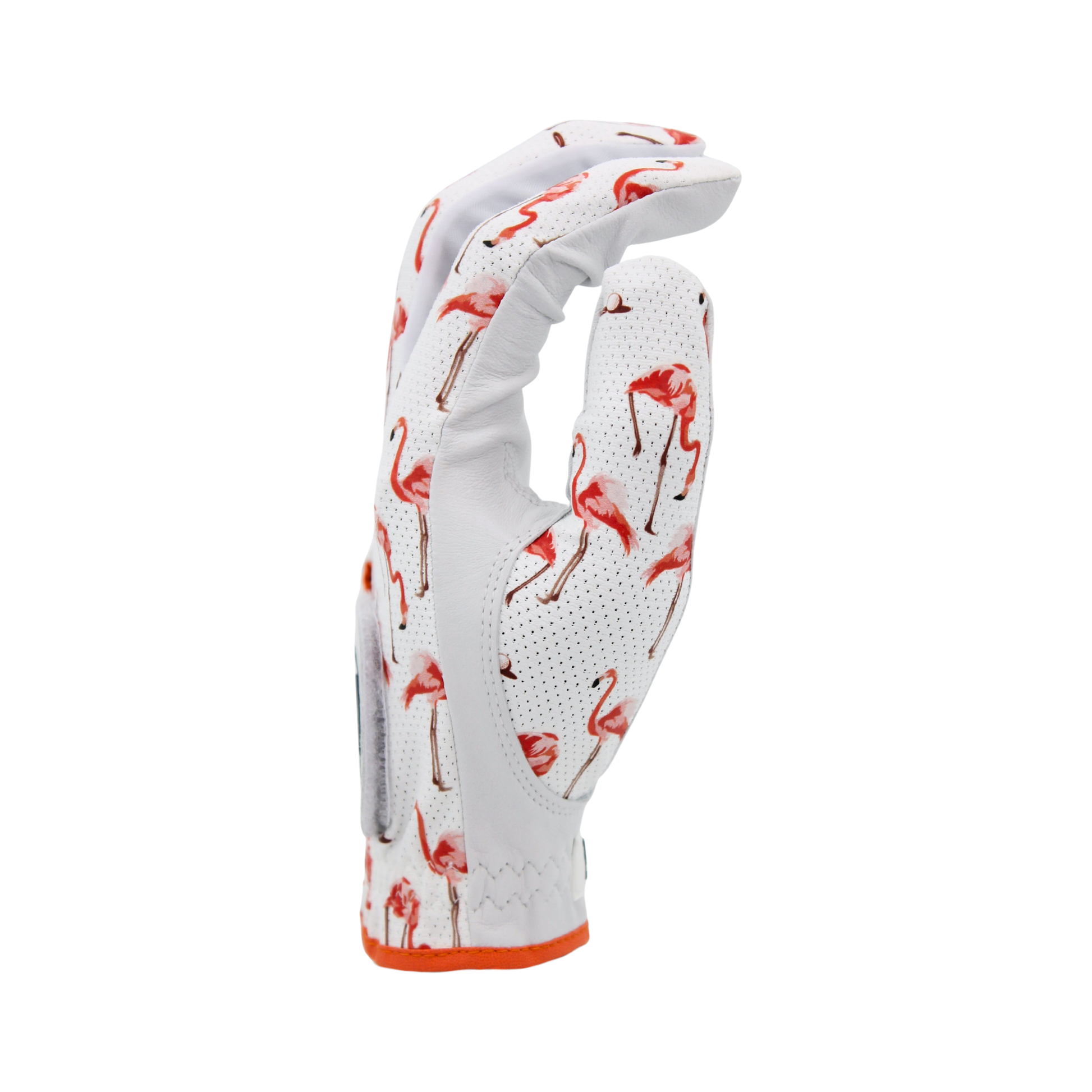 Flamingo Putt golf glove from the side with putting  flamingos pattern on a white background