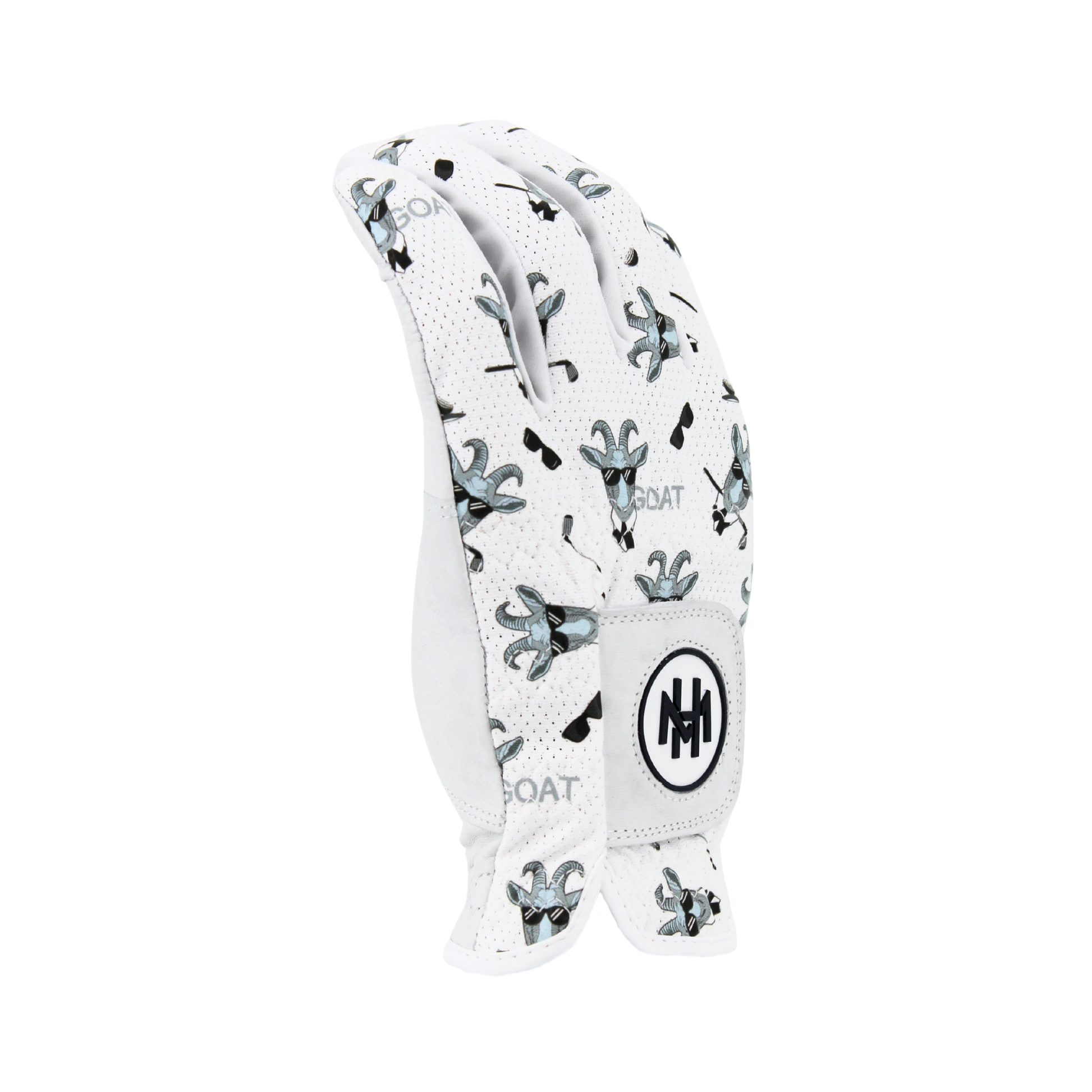 Goat golf glove with goats, sunglasses and gold cubs pattern on a white background