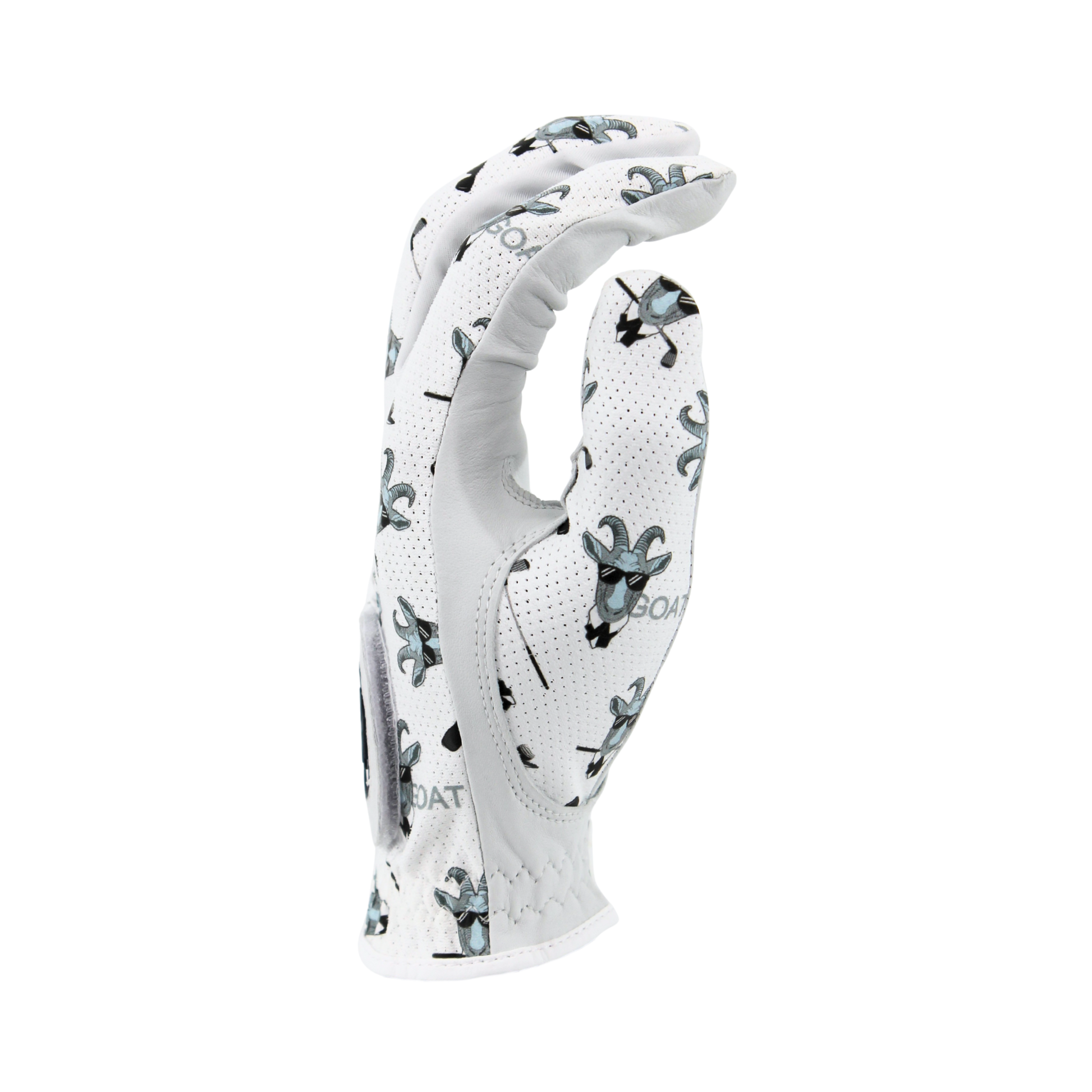 Mulligan Hooligan GOAT golf glove from the side with goat pattern on a white background