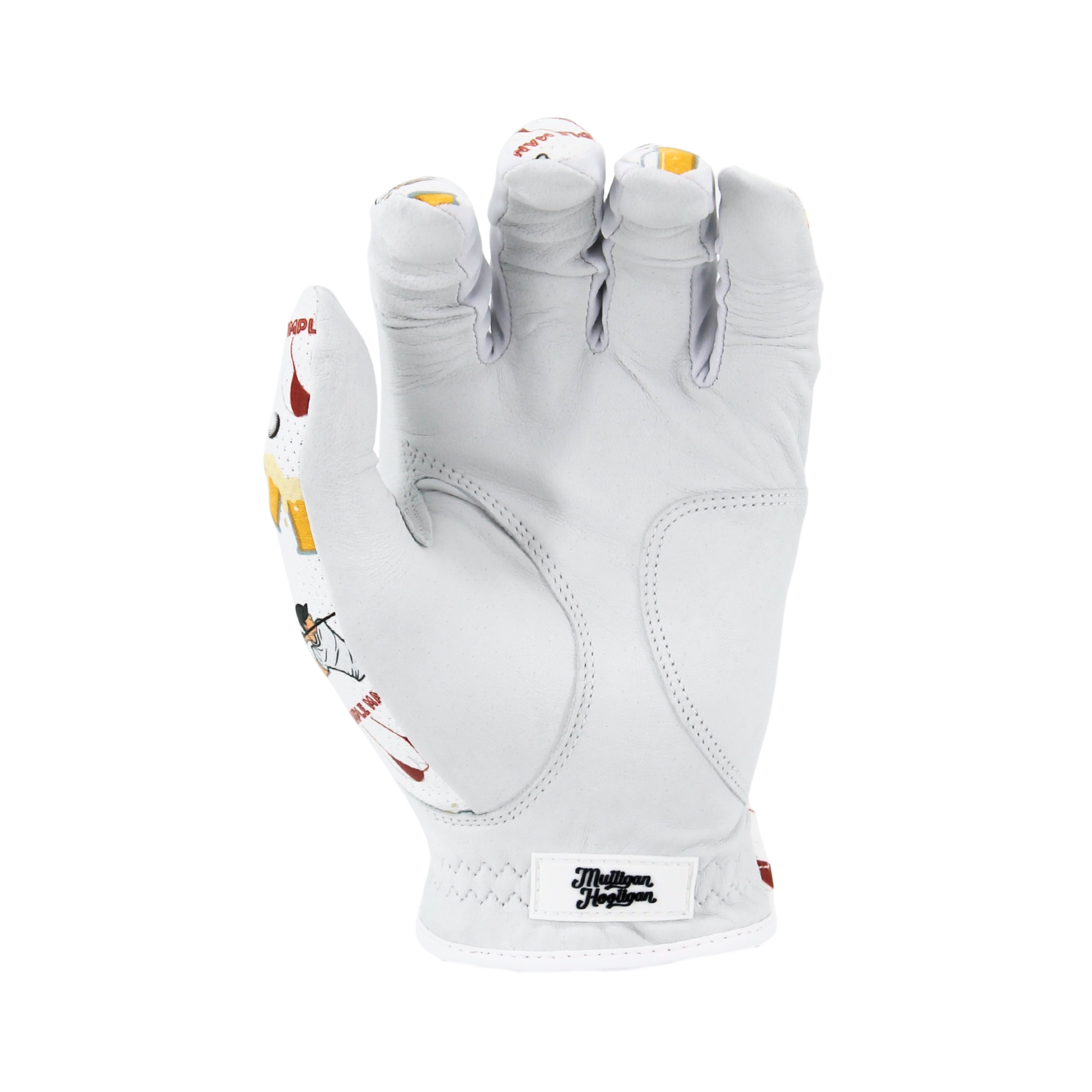 'I'm a simple man' golf glove white palm  with colorful accents on a white background