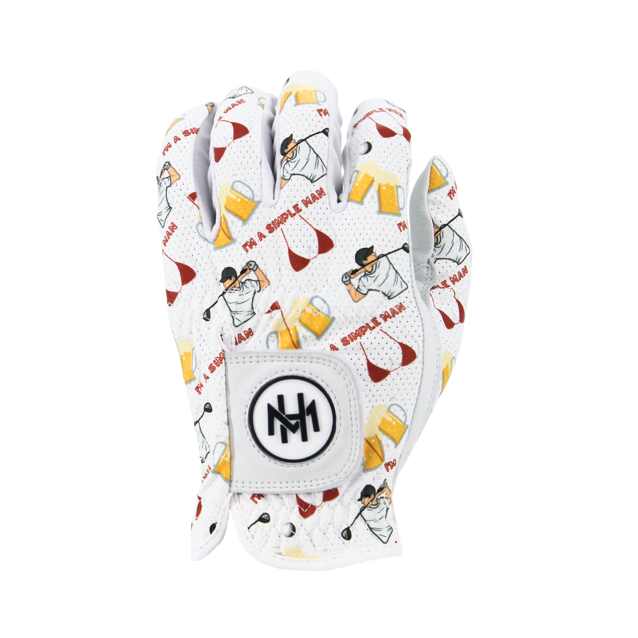 I'm a simple man golf glove with funny pattern design on a white background