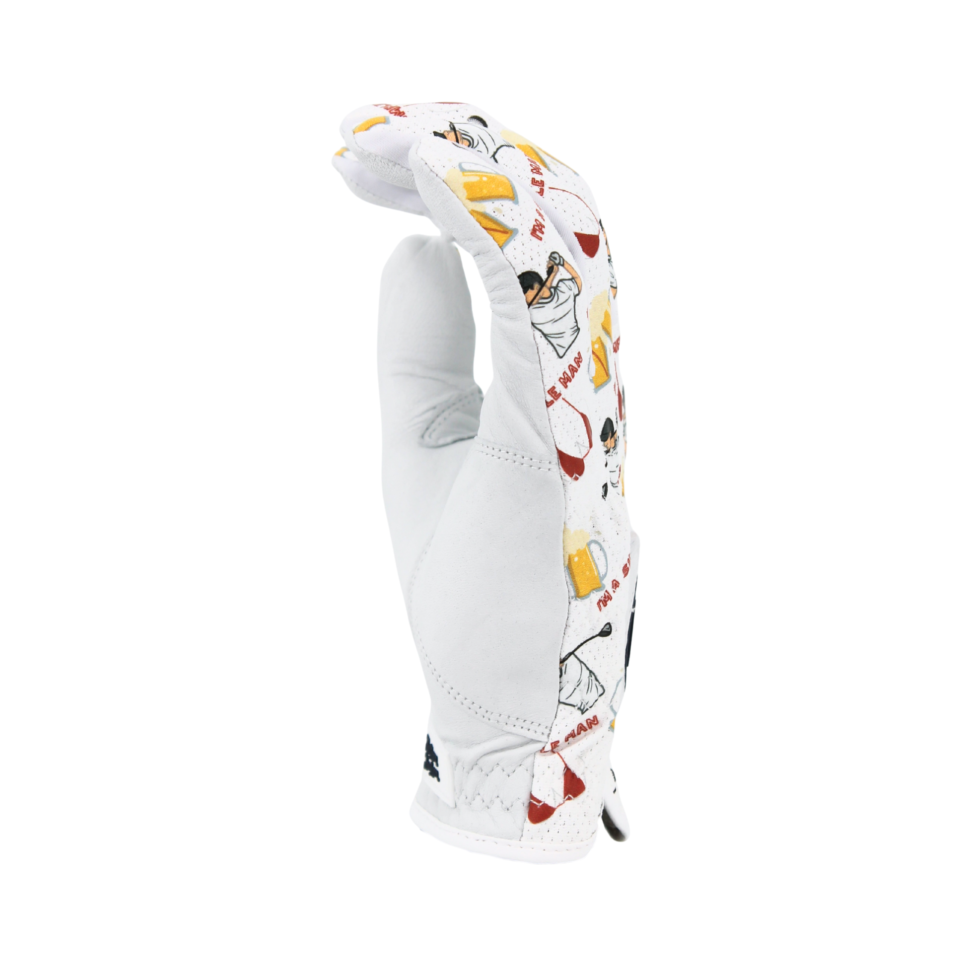 'I'm a simple man' Mulligan Hooligan golf glove with colorful pattern on a white background