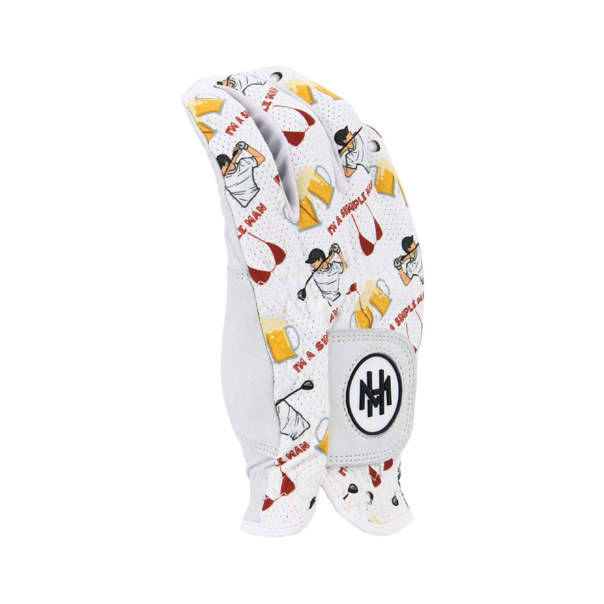 'I'm a simple man' golf glove with bikini, glasses of beer and a golfer pattern on a white background