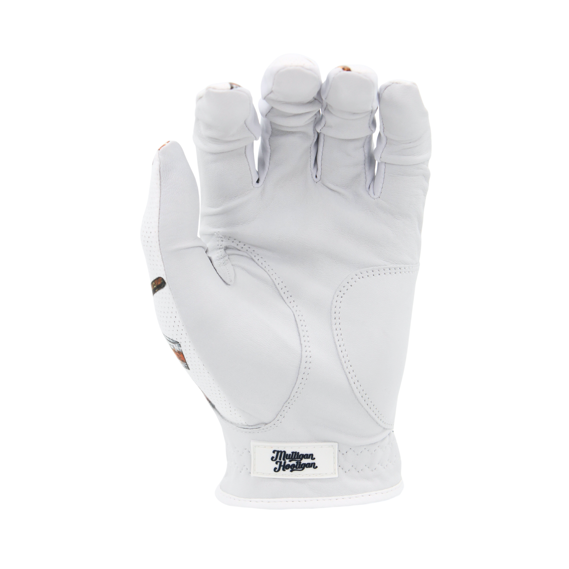 Mulligan Hooligan 'Whiskey & Cigars' golf glove palm with the brand label on a white background