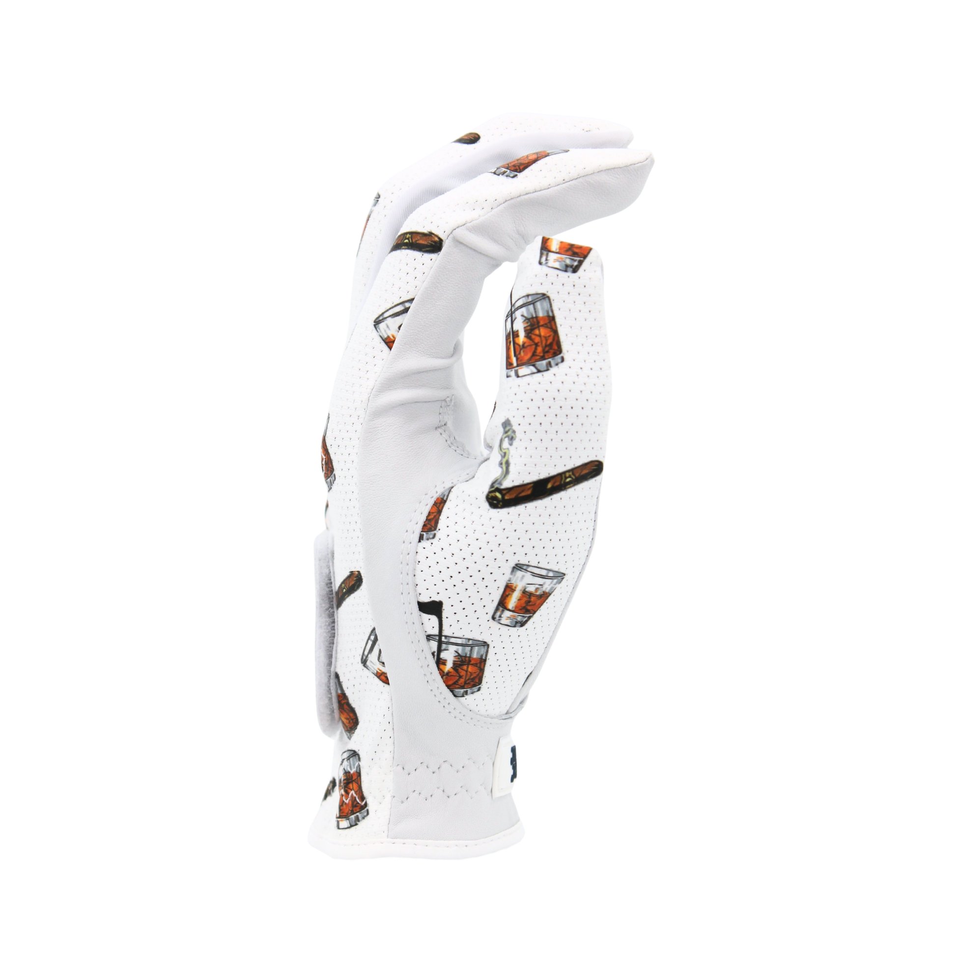 Mulligan Hooligan 'Whiskey & Cigars' golf glove design on a white background