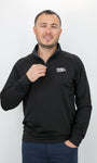 Man wearing a black pullover with 'Mulligan Hooligan' logo on left chest on a white background