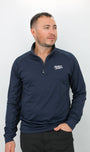 Man wearing a navy long-sleeve Quarter Zip Pullover with a 'Mulligan Hooligan' logo on a white background