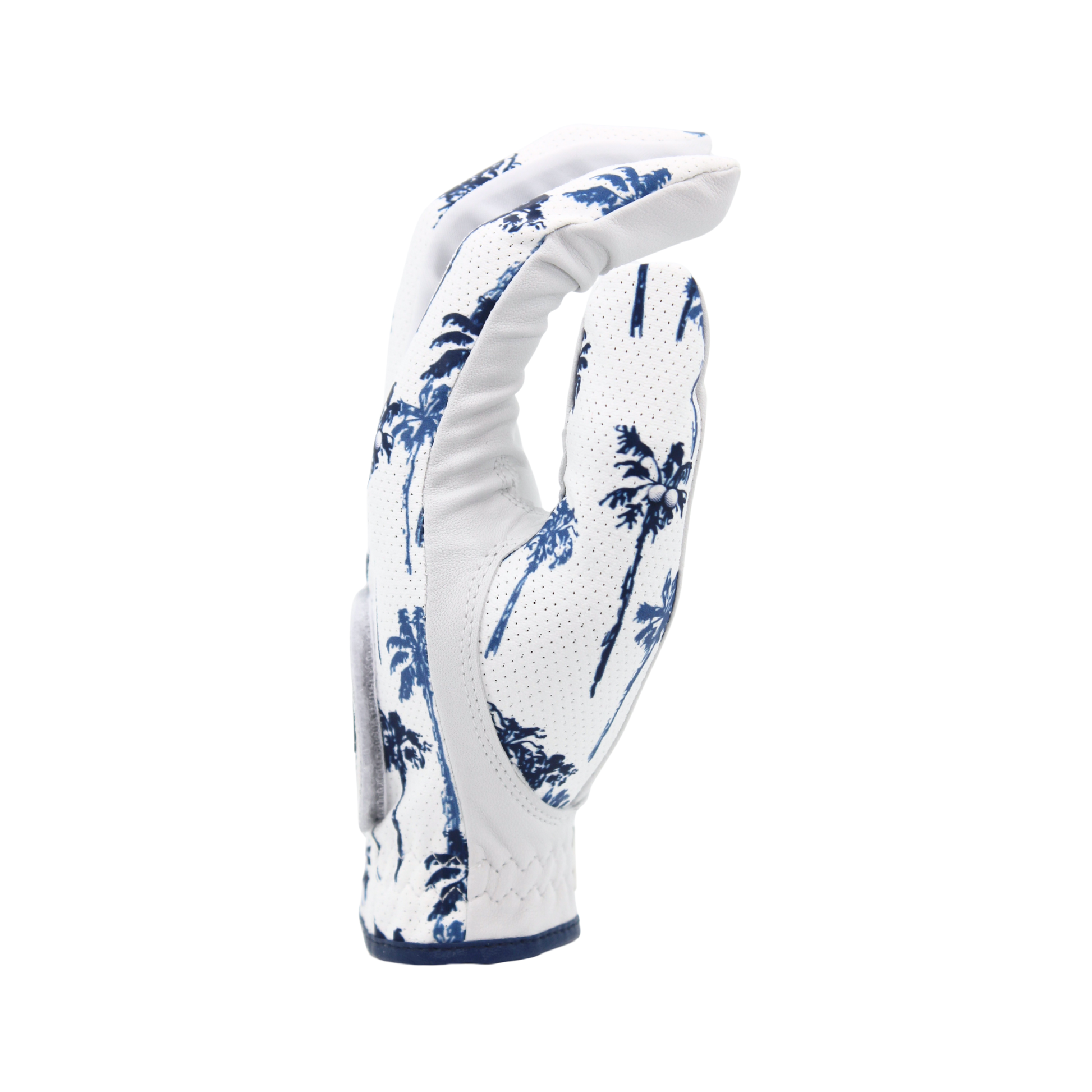 'Palm Par' golf glove with blue palm tree accents and small golf balls on a white background