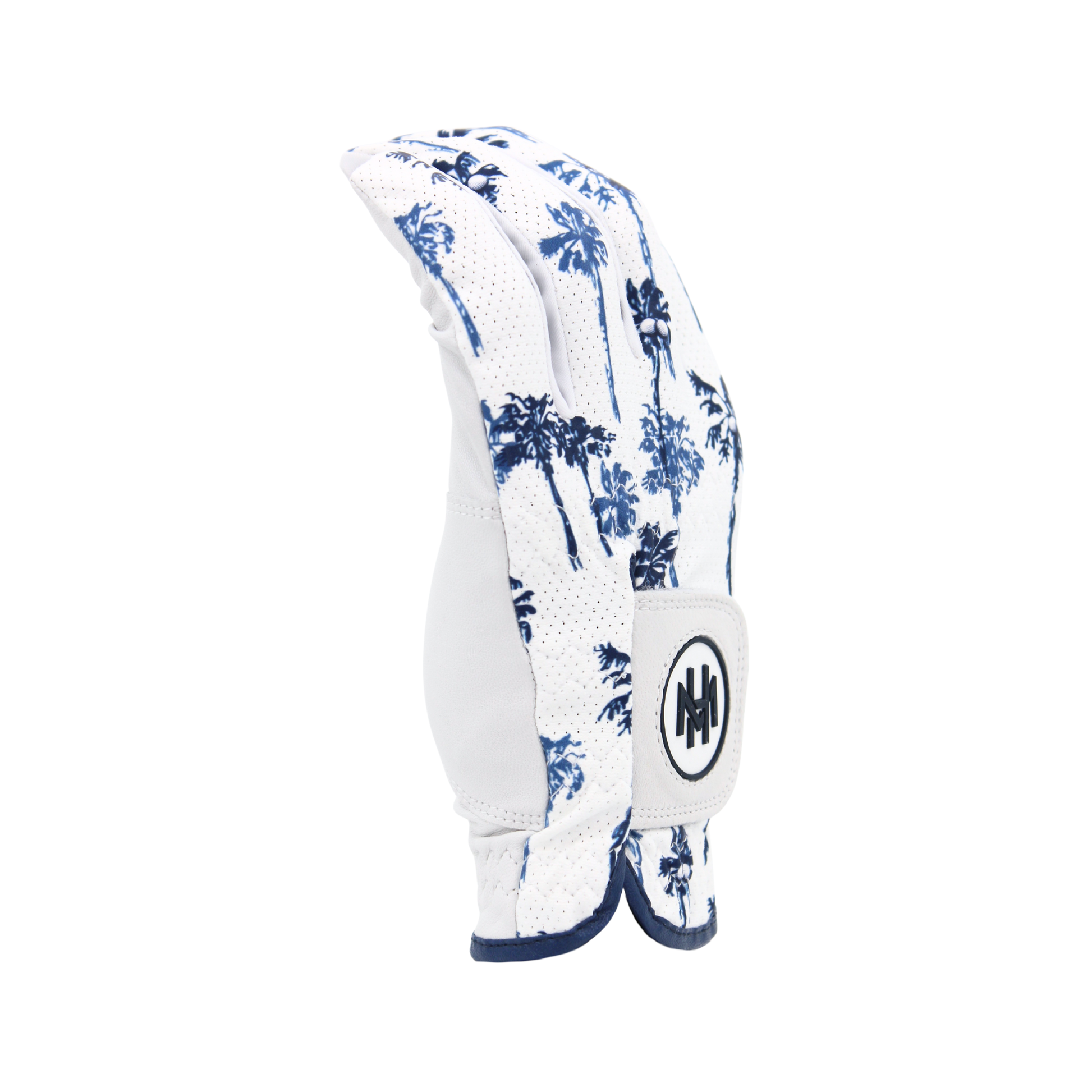 Mulligan Hooligan 'Palm Par' golf glove from the side with blue palms accents on a white background