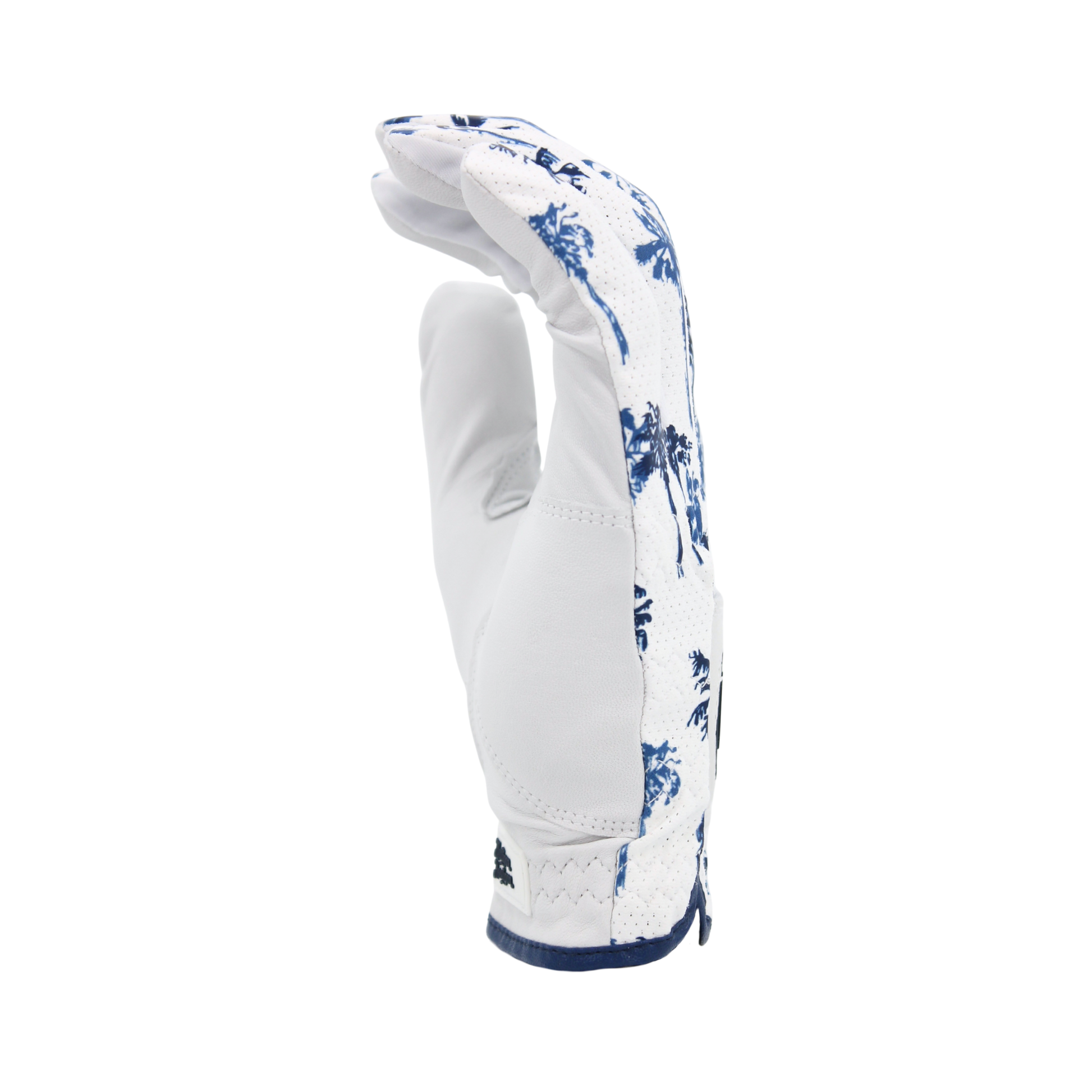Mulligan Hooligan 'Palm Par' golf glove with blue palms accents and small golf balls on a white background