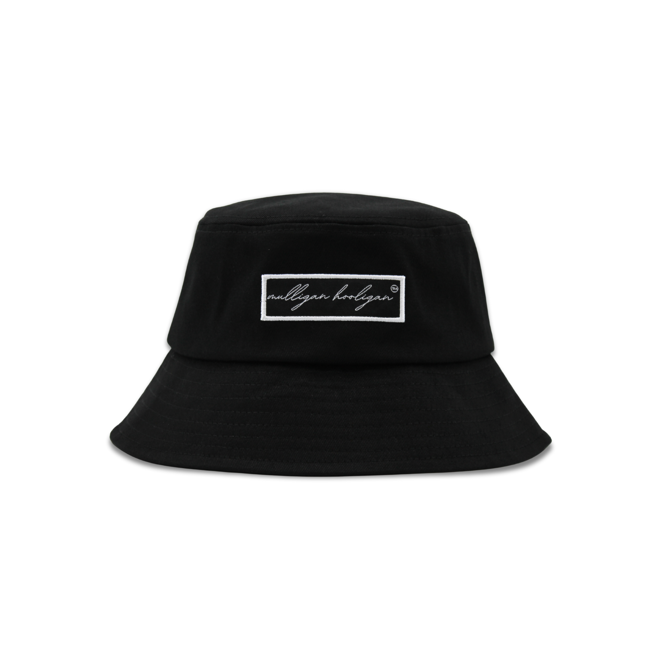 Black bucket hat with a 'Mulligan Hooligan' logo on a white background