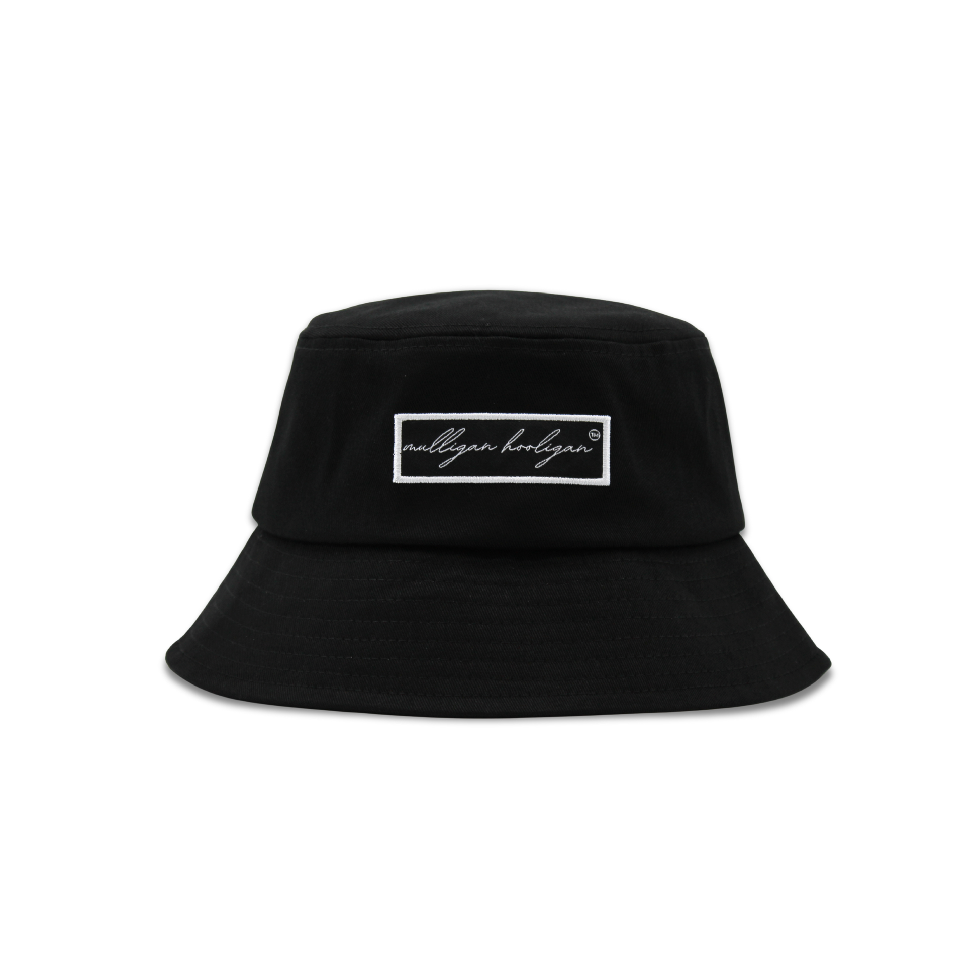 Black bucket hat with a 'Mulligan Hooligan' logo on a white background