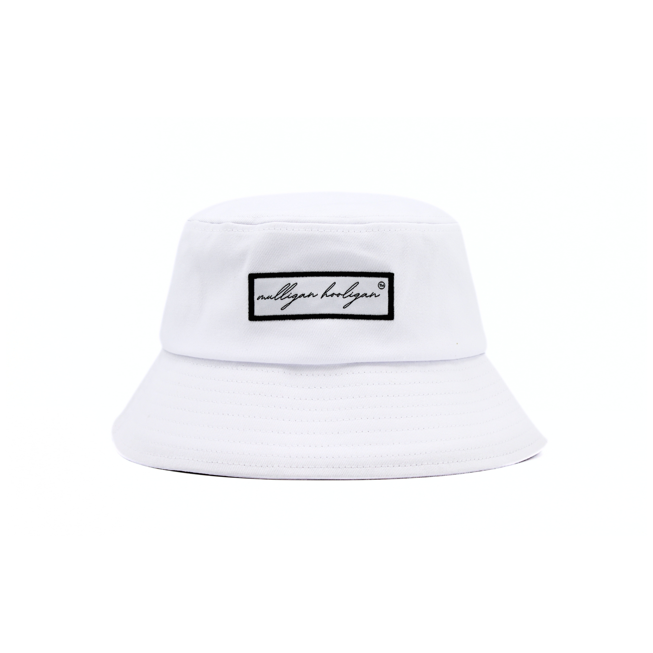 White bucket hat with a black 'Mulligan Hooligan' logo on a white background