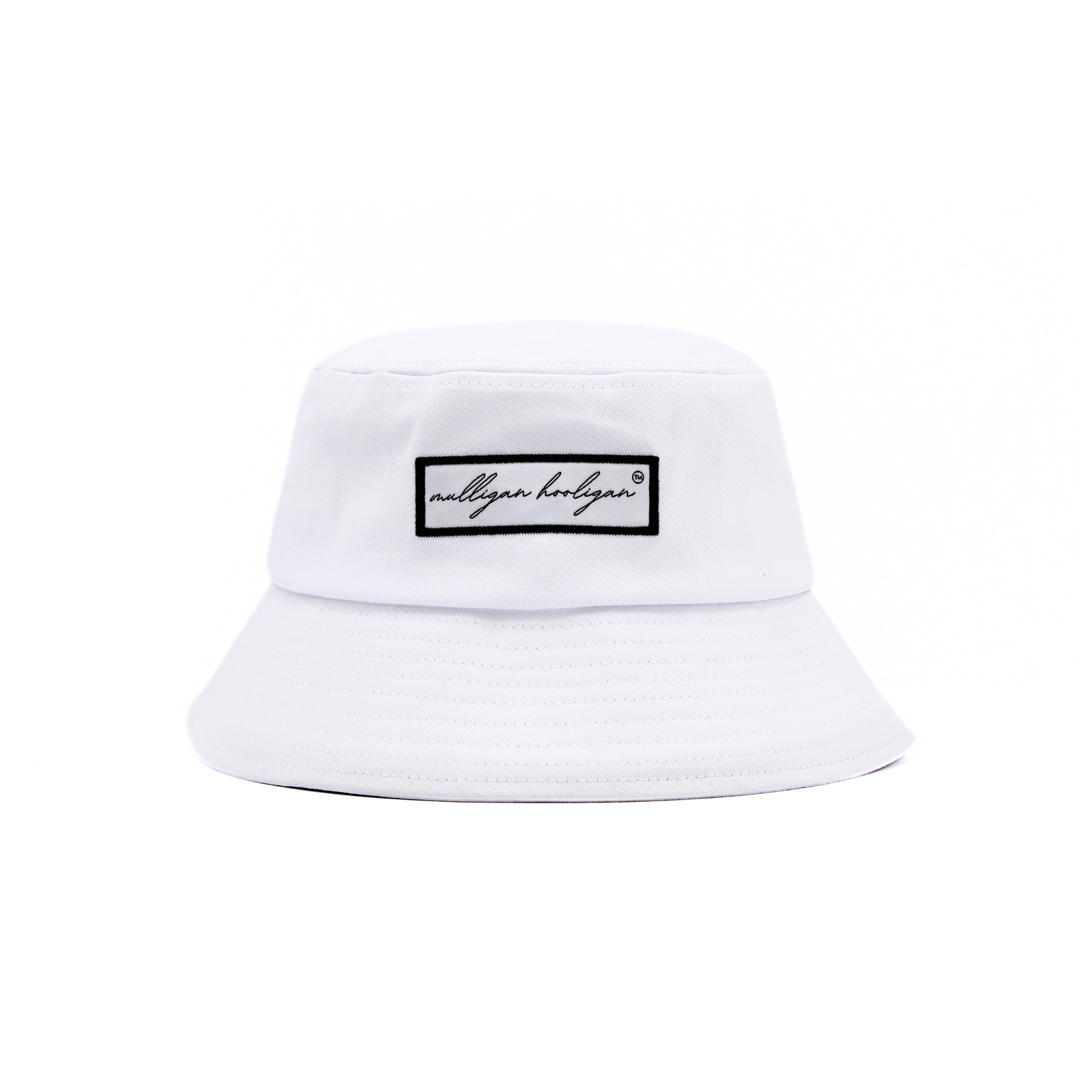 White bucket hat with a black 'Mulligan Hooligan' logo on a white background