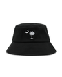 Black bucket hat with white palmetto state and moon design on a white background