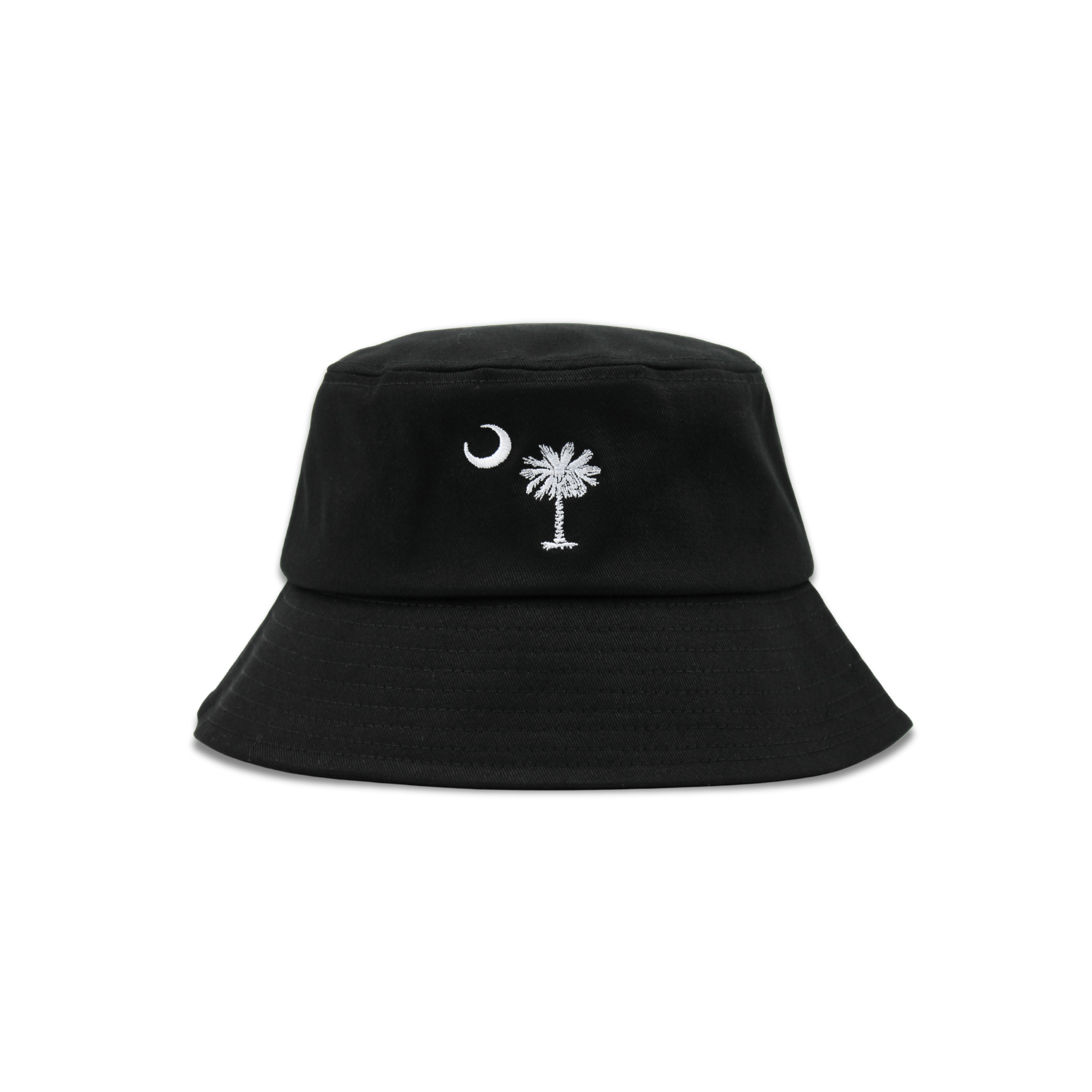 Black bucket hat with white palmetto state and moon design on a white background