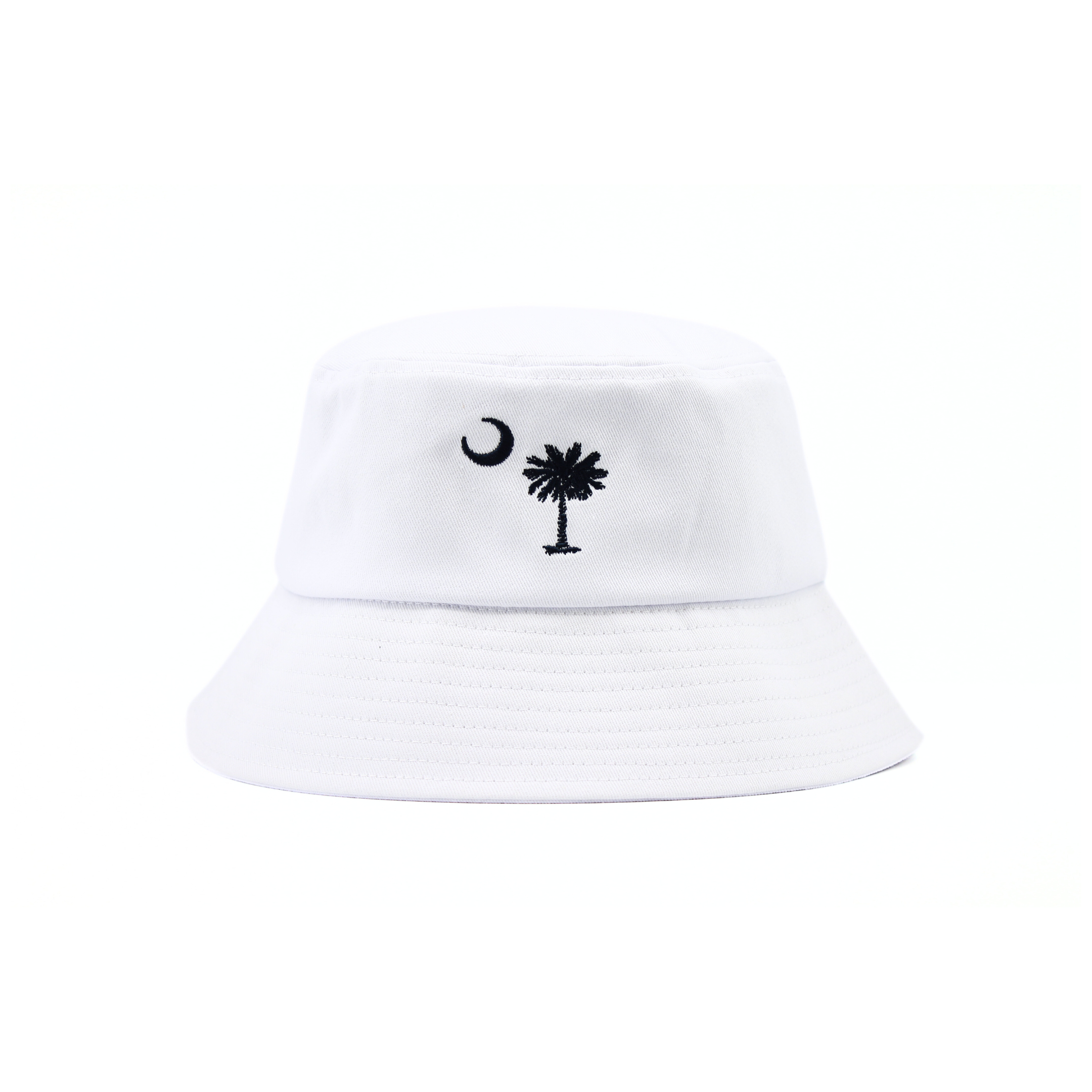 White bucket hat with black palmetto state and moon design on a white background