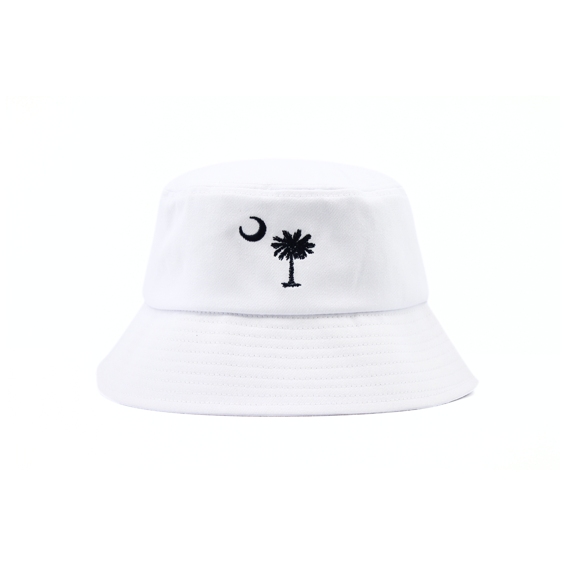 White bucket hat with black palmetto state and moon design on a white background