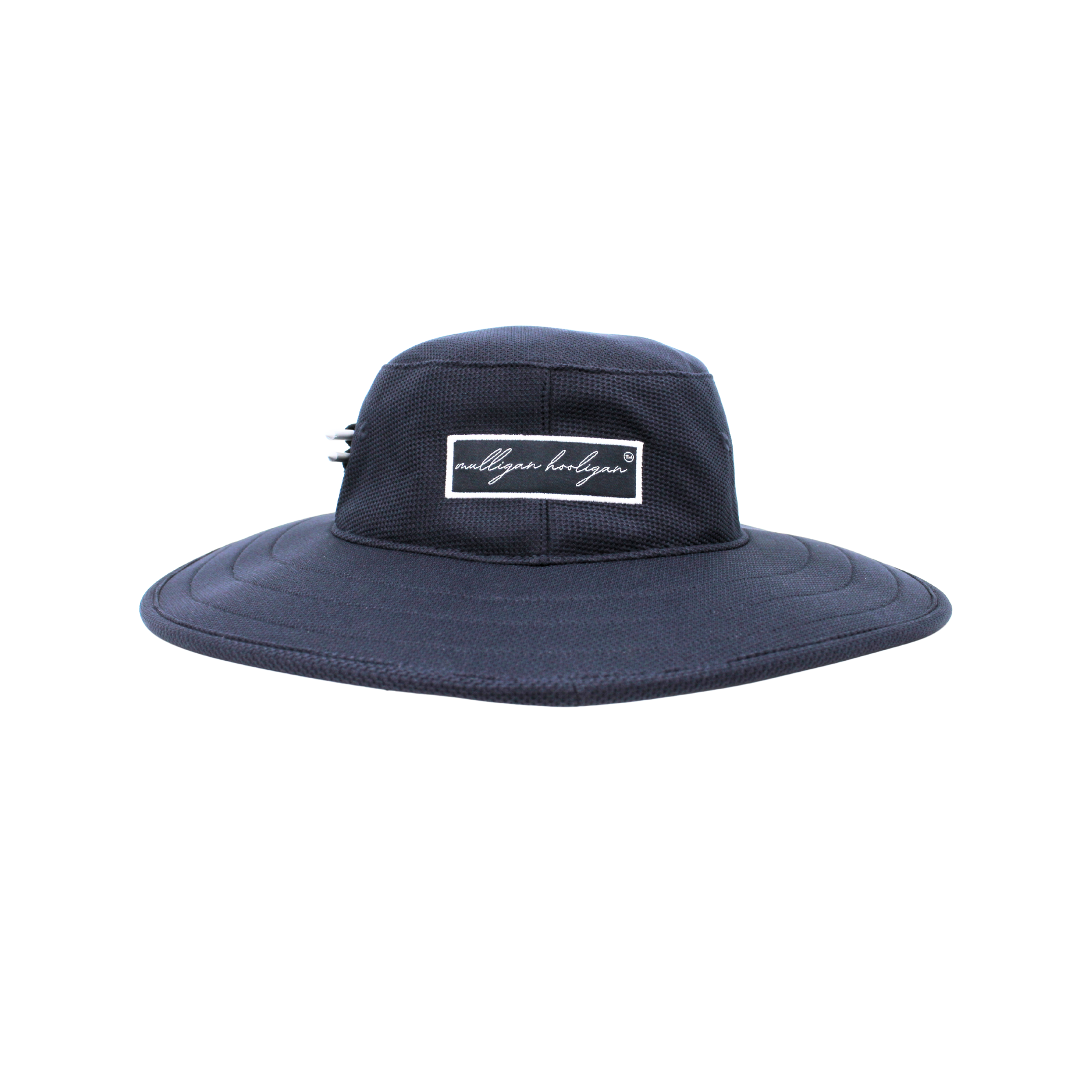 Navy blue wide-brimmed sun hat with a embr 'Mulligan Hooligan' logo on a white background