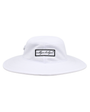 White sun hat with embroidered 'Mulligan Hooligan' brand logo on a white background