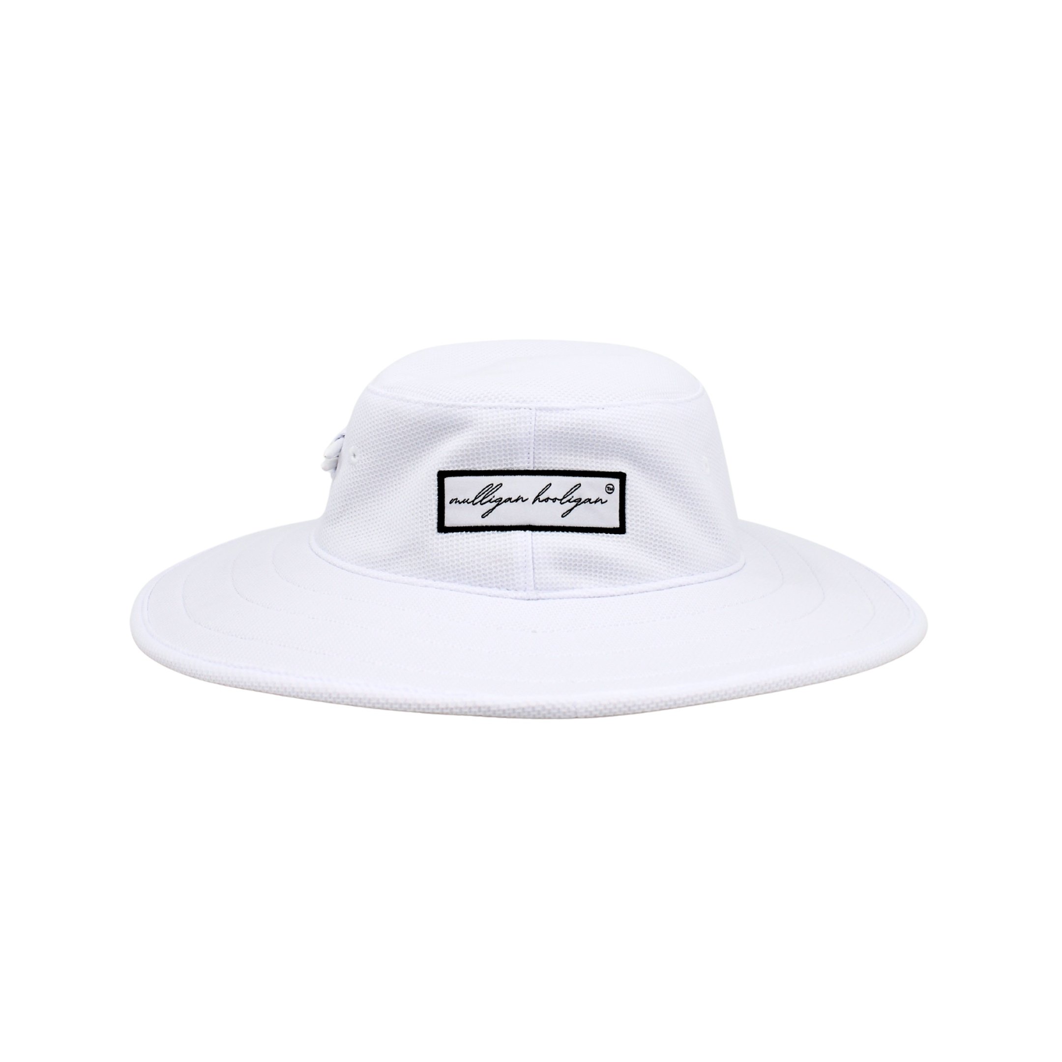 White sun hat with embroidered 'Mulligan Hooligan' brand logo on a white background