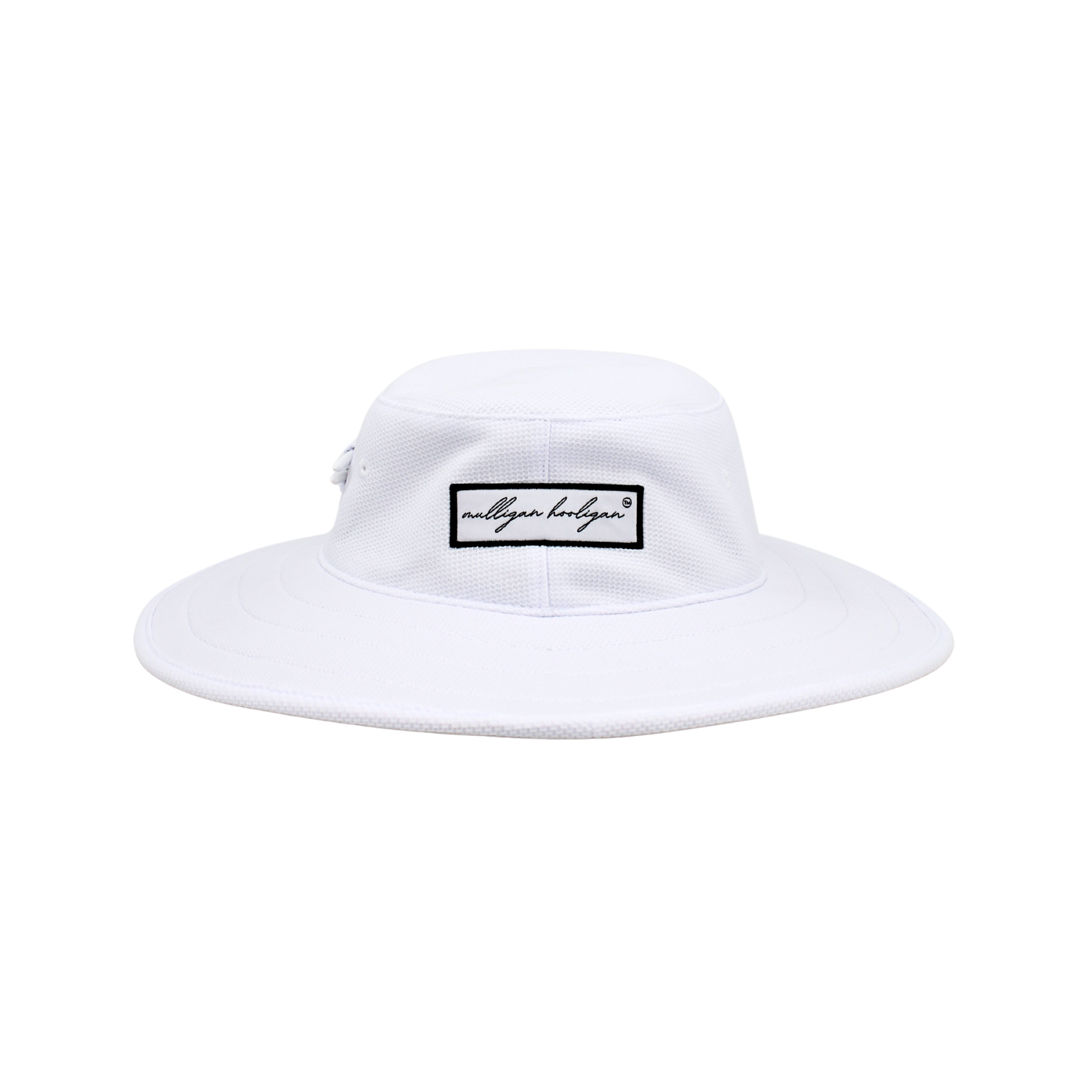 White sun hat with embroidered 'Mulligan Hooligan' brand logo on a white background