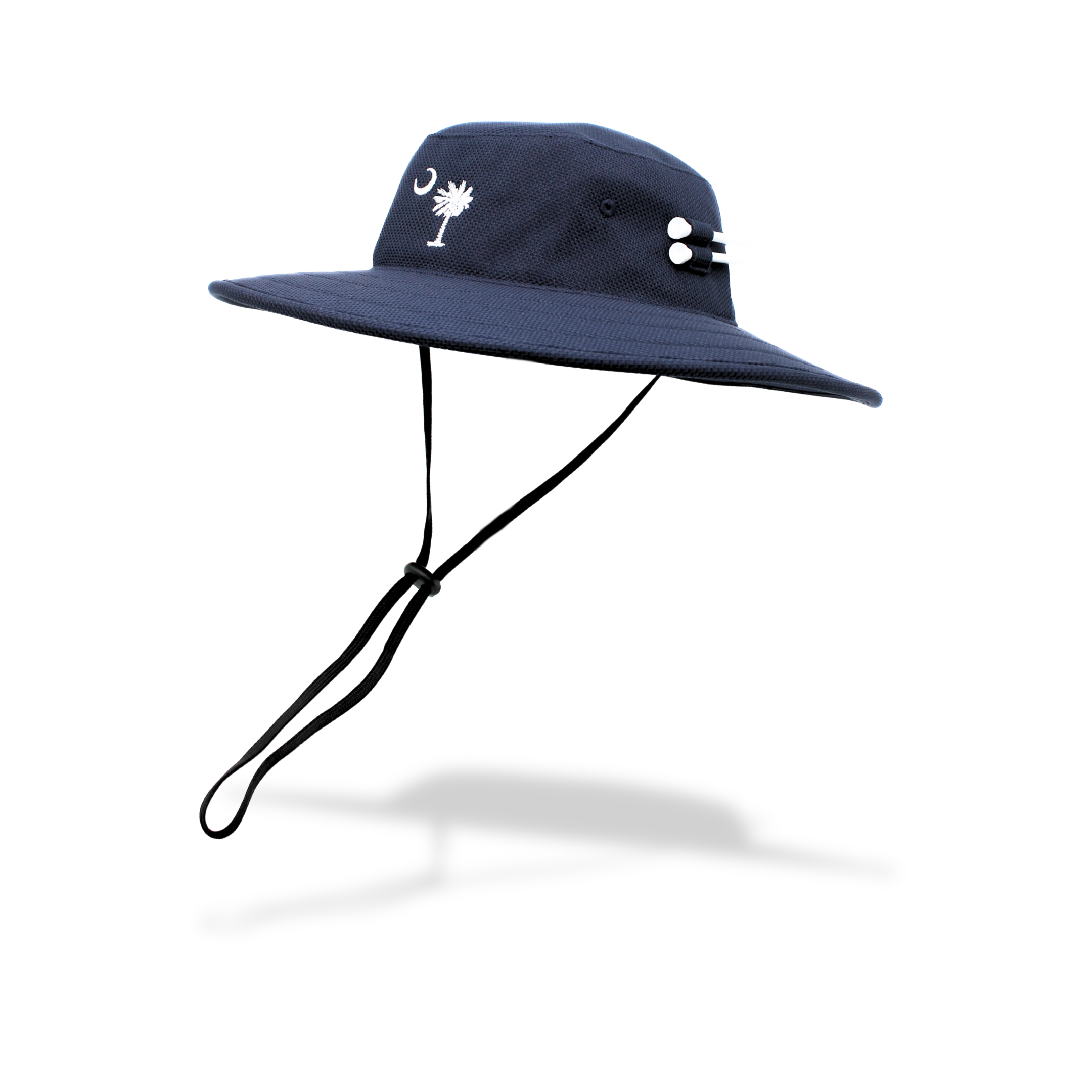Navy blue wide-brimmed hat with a white palmetto state logo on a white background