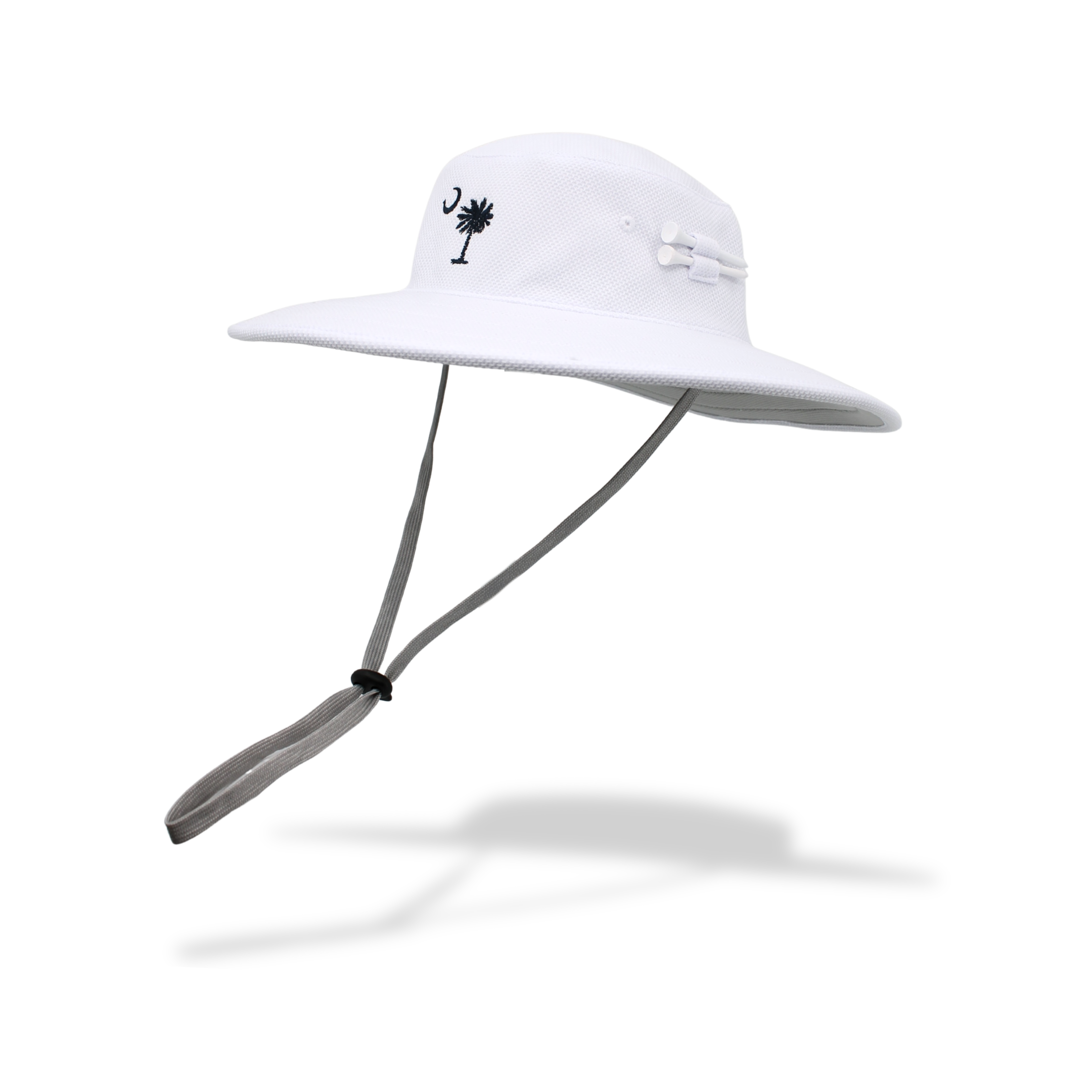 White wide-brimmed hat with a black palmetto logo on a white background