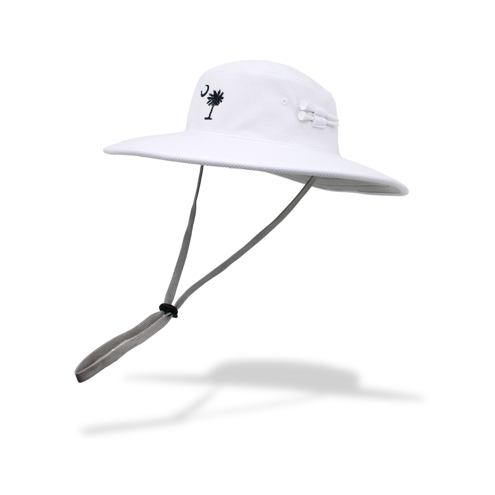 White wide-brimmed hat with a black palmetto logo on a white background
