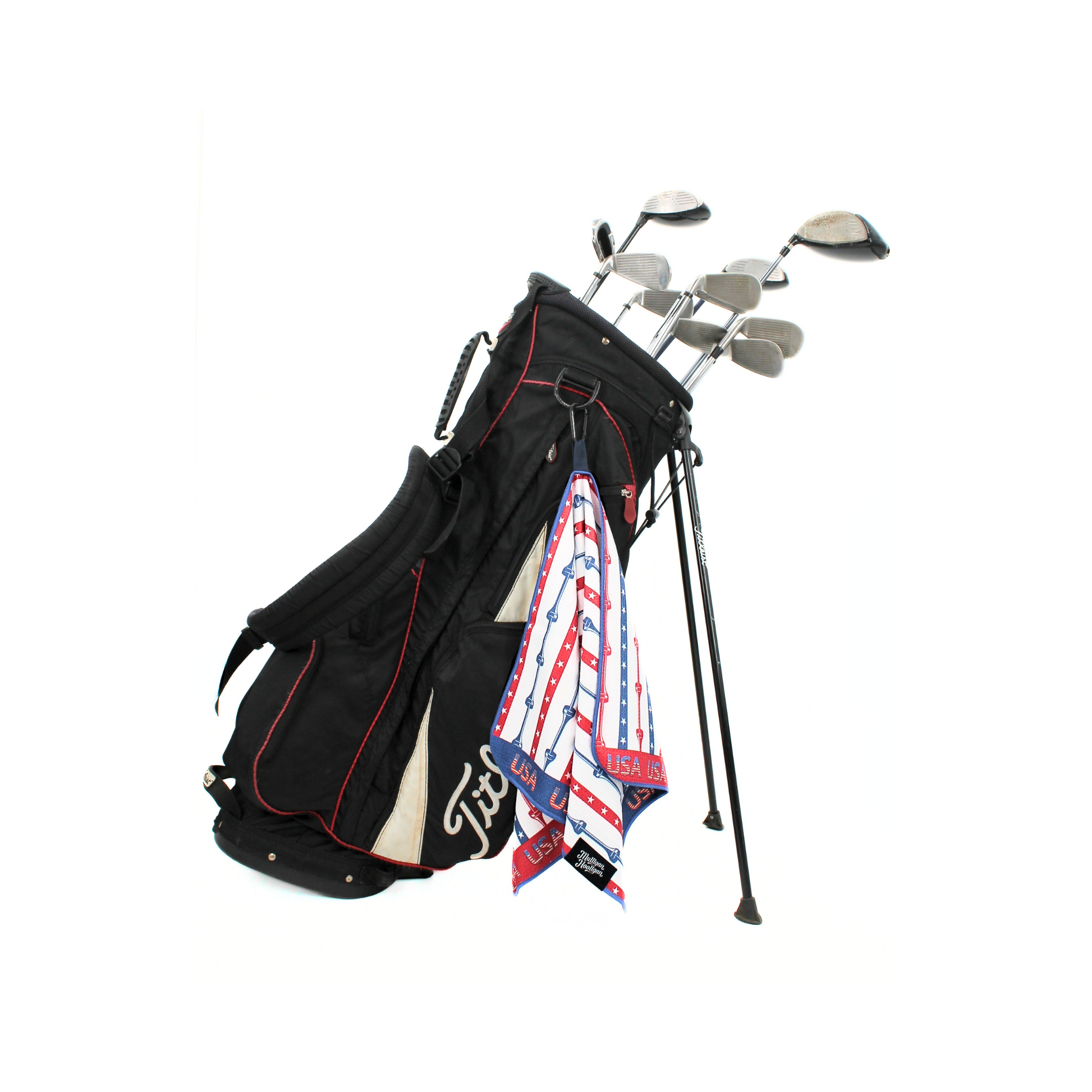 Patriotic USA golf towel by Mulligan Hooligan hanged on the golf bag