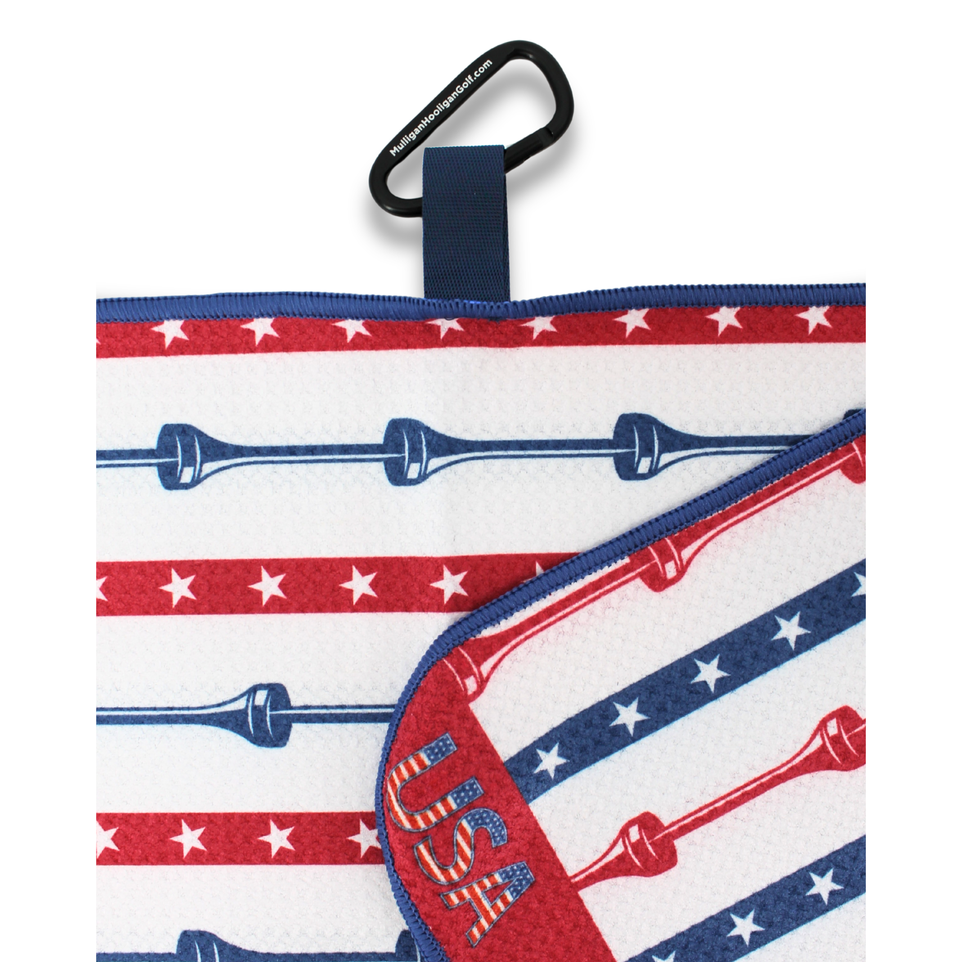 Patriotic USA golf towel by Mulligan Hooligan close-up