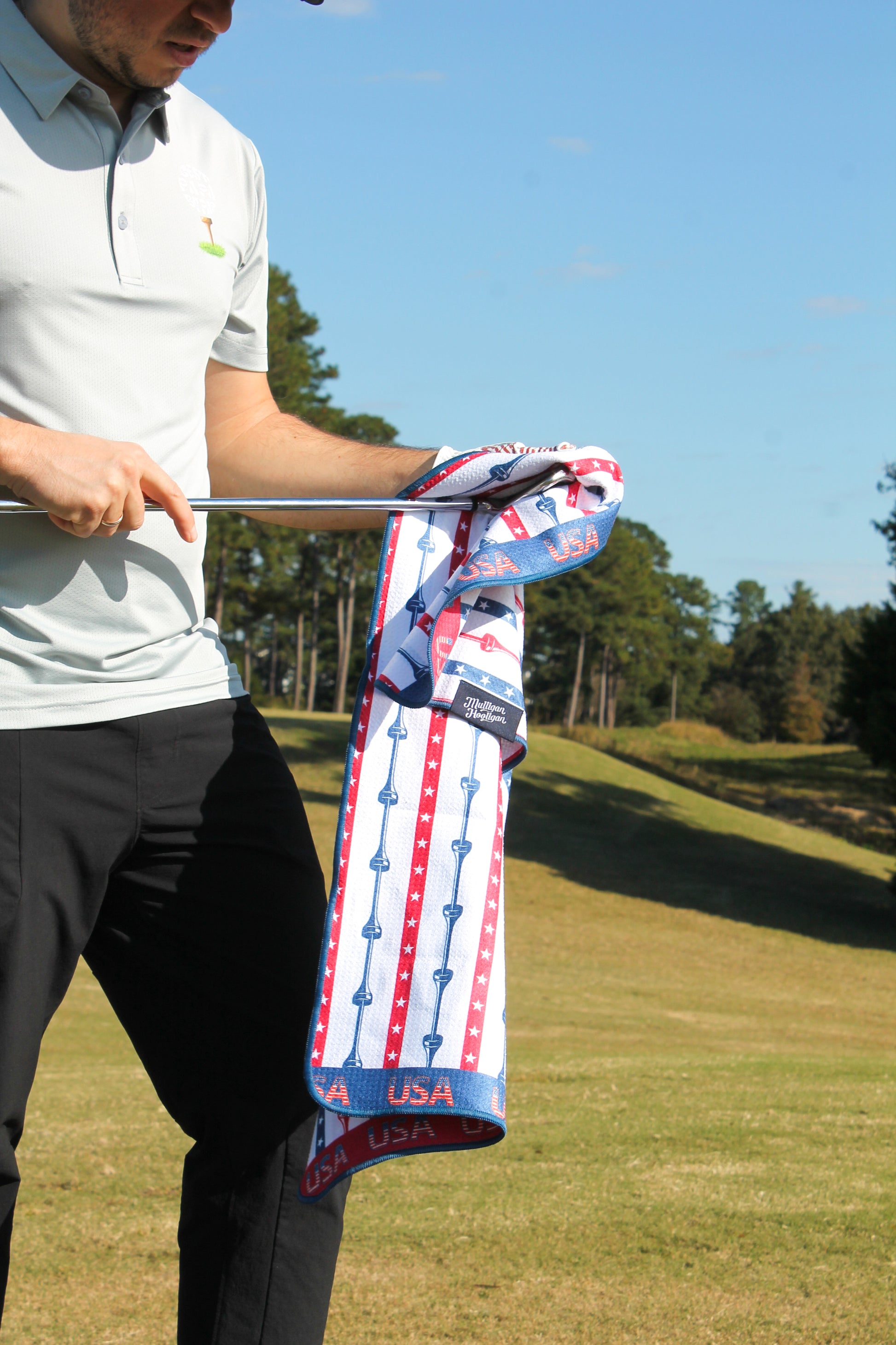Patriotic USA golf towel by Mulligan Hooligan on course picture