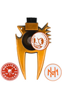 A gold-colored metal golf club head repair tool with a black cleaning brush on top, featuring a circular white and orange logo of a golf ball with a face-painted hole. Two circular orange and white stickers are shown below the tool on a plain white background.