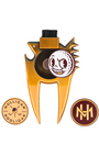 Gold metal golf divot tool with a black bristle brush on top, a circular white and maroon golf ball emblem in the center, and two circular gold and maroon logo patches below on a white background.