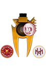 Gold metal golf club head repair tool with a black cleaning brush on top, shown on a white background with two circular branded patches: a red and white 'Mulligan Hooligan' patch and a white and red 'MH' patch.