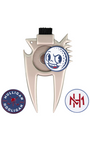 A silver metal golf divot tool with a black bristle brush on top, featuring a circular golf ball graphic with a cartoon face on the center. Two circular decals are shown below: one blue and red reading 'MULLIGAN HOOLIGAN' and one white and red with 'MH'.