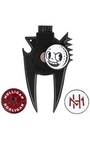 A black metal golf club fairway divider with a brush on the top, a cartoon golf ball emblem, and two circular badges: a red 'Mulligan Hooligan' badge and a white 'MH' logo badge, all on a white background.