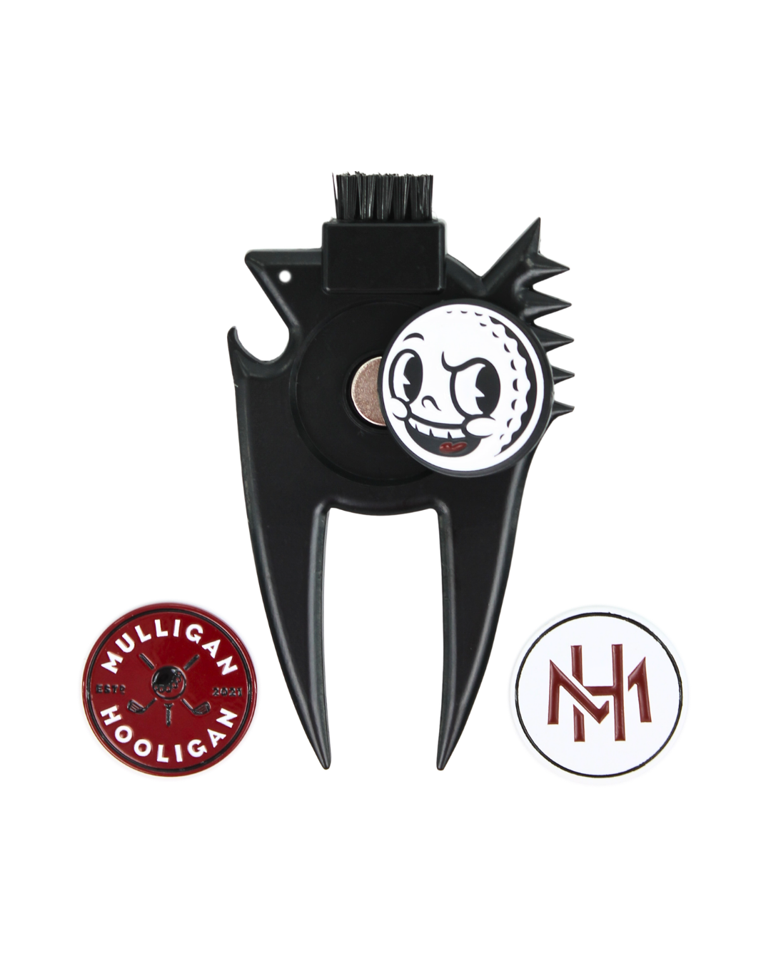 A black metal golf club fairway divider with a brush on the top, a cartoon golf ball emblem, and two circular badges: a red 'Mulligan Hooligan' badge and a white 'MH' logo badge, all on a white background.