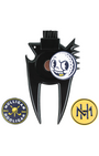 A black plastic golf club fairway divider with a built-in brush on the top, featuring a circular white and blue golf ball graphic on the center. Two circular metal emblems are shown below: one with the text 'MULLIGAN HOOLIGAN' in blue and yellow, and another with a yellow 'NH' monogram.