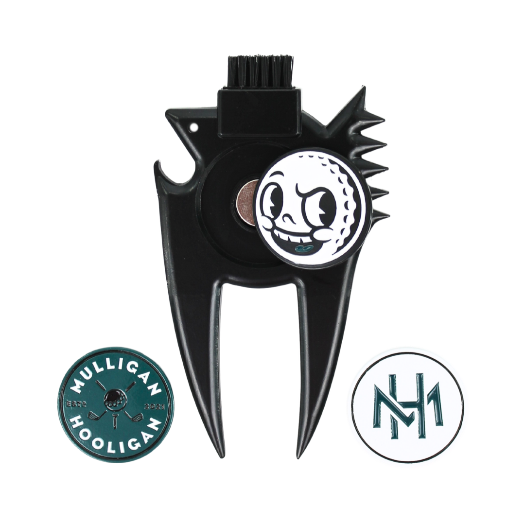 A black metal golf flagstick retriever tool with a white and black golf ball graphic, shown alongside a circular teal and white 'Mulligan Hooligan' emblem and a circular 'MH' logo on a plain white background.