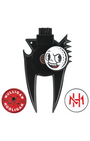 A black metal golf flagstick retriever with a cartoon golf ball graphic on the side, shown on a white background with two circular brand logos below it.