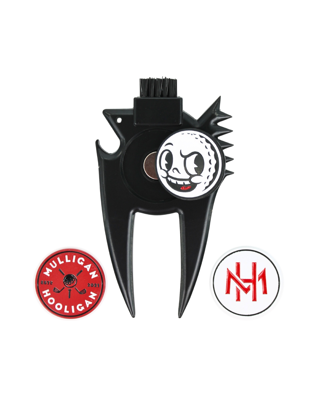 A black metal golf flagstick retriever with a cartoon golf ball graphic on the side, shown on a white background with two circular brand logos below it.