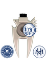 A silver metal golf club head repair tool with a black bristle brush on top, shown on a white background with two blue circular logos below it.