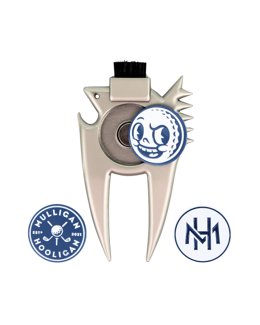 A silver metal golf club head repair tool with a black bristle brush on top, shown on a white background with two blue circular logos below it.
