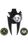 A black golf club head remover tool with a small brush on the top and a cartoon golf ball graphic in the center. Two circular logos, one reading 'Mulligan Hooligan' and one with 'MH' monogram, are shown below on a plain white background.